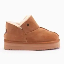 Warmbat enkellaarzen plateau cognac suede/wol