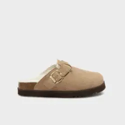 Scholl beige suede muilen met wol