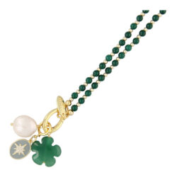 Ketting 4mm steenkralen donkergroen met clip en bedels