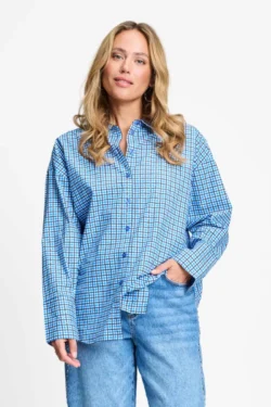 Pom-Amsterdam POM-Amsterdam blouse blauw ruit/glitter